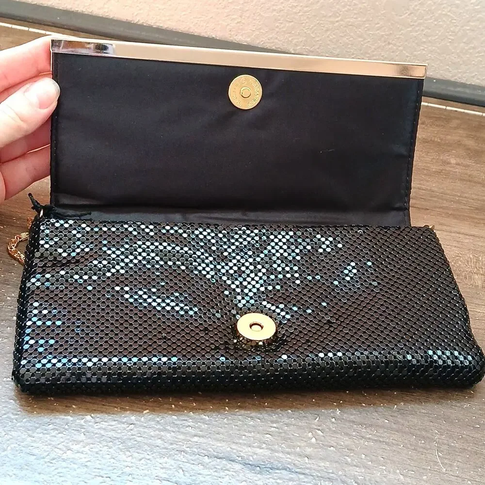 Kate Landry Black Sequin Clutch Purse With Gold Chain Shoulder Strap